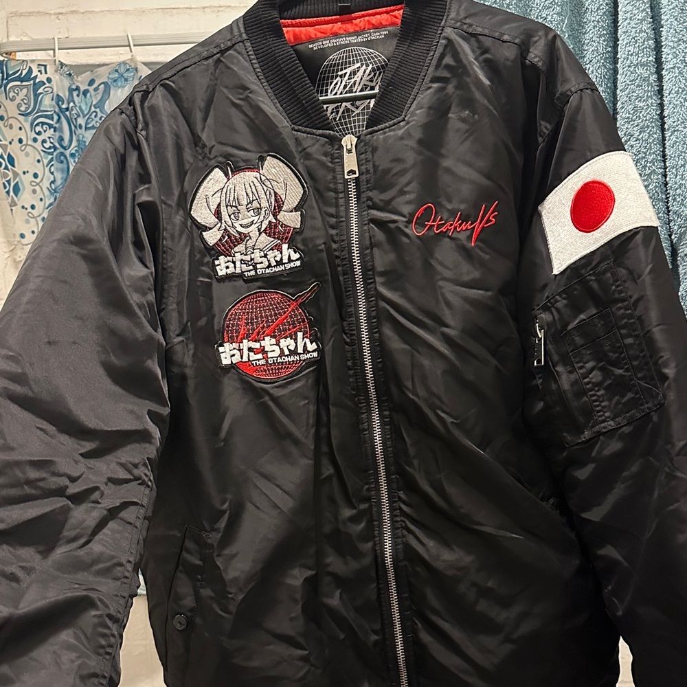 Anime Waifu Black Bomber Jacket with Embroidered Patches EUC